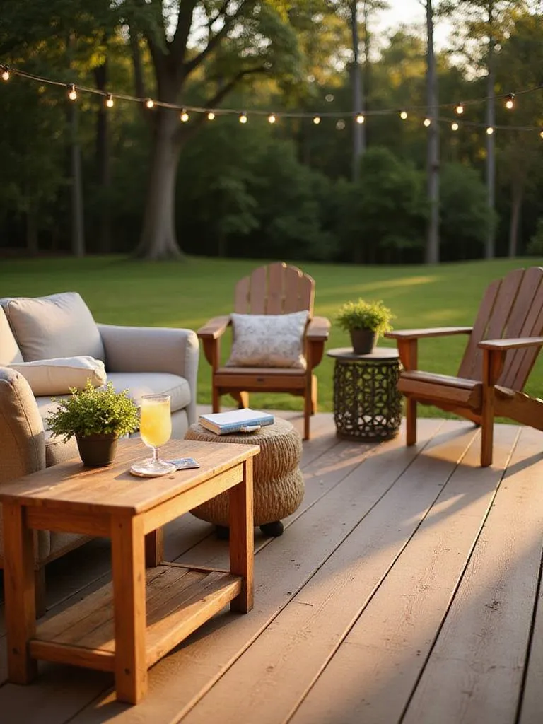 Decking decor featuring teak and metal side tables next to outdoor seating.