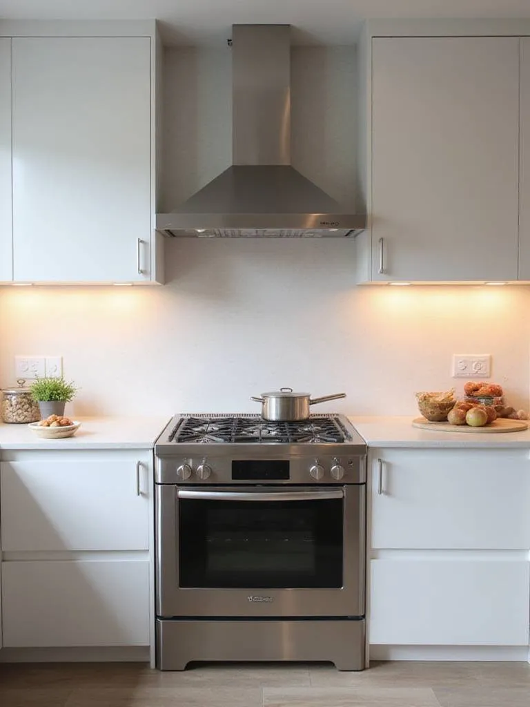 Modern kitchen range centered between white countertops with ample space, featuring a sleek hood above, illustrating safe and functional placement.
