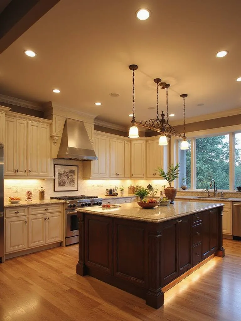 Elegant kitchen with energy-efficient LED lighting fixtures illuminating countertops and island.