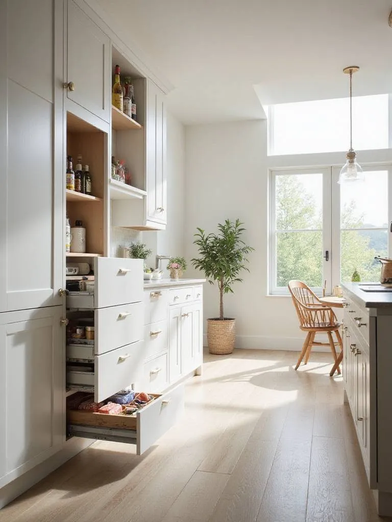 Modern kitchen featuring diverse, accessible storage solutions like deep pull-out drawers, corner cabinet organizers, and vertical storage, demonstrating efficient layout planning.