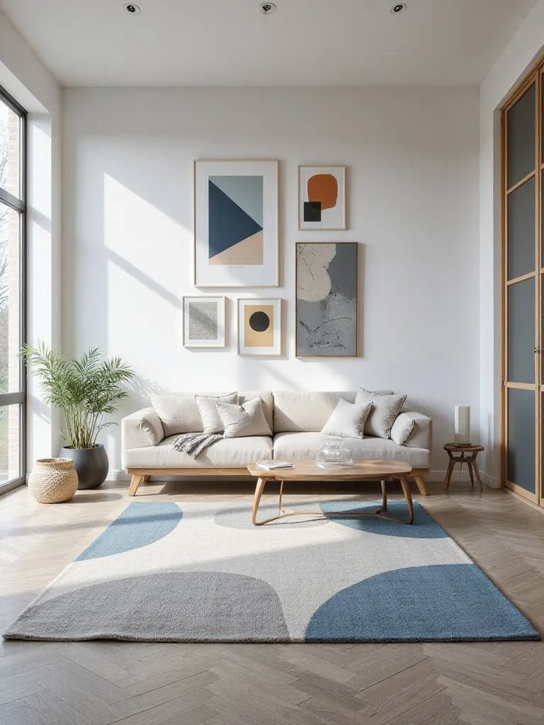 Modern living room featuring a large area rug with an abstract geometric pattern and a gallery wall of framed geometric art prints above a sofa.