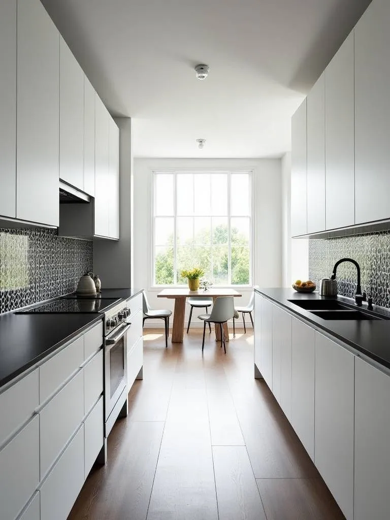 Modern kitchen with white cabinets and black countertops featuring a high-contrast geometric backsplash.