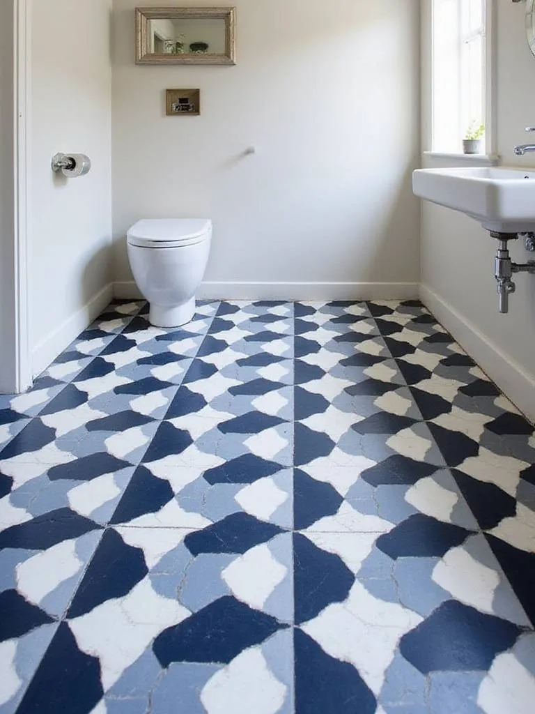 Modern bathroom with a bold geometric tile pattern on the floor in navy and white, showcasing unique flooring design.