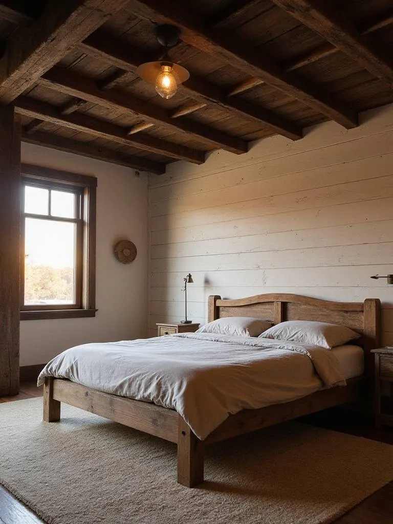 Rustic bedroom with dark exposed ceiling beams and light shiplap wall paneling, creating a cozy architectural feature.