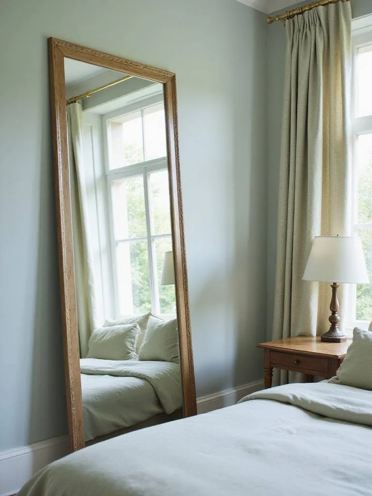 Bedroom interior with large mirror reflecting light and garden view