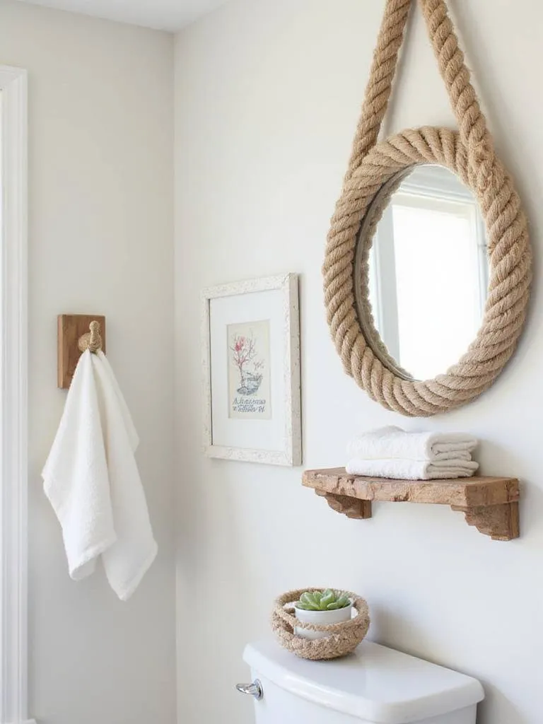 Bathroom decor featuring rope and nautical elements, such as a rope-framed mirror and rope towel hooks, adding coastal character.