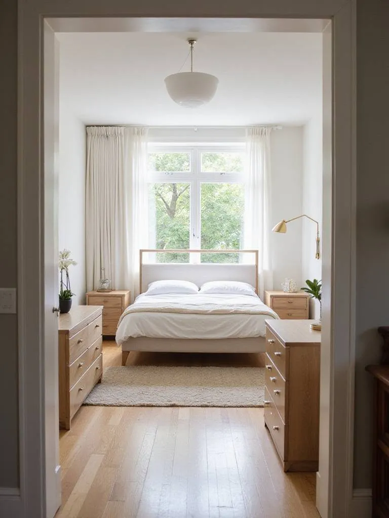 Bedroom furniture scale and proportion: Queen bed, nightstands, and dresser in a well-proportioned modern bedroom.