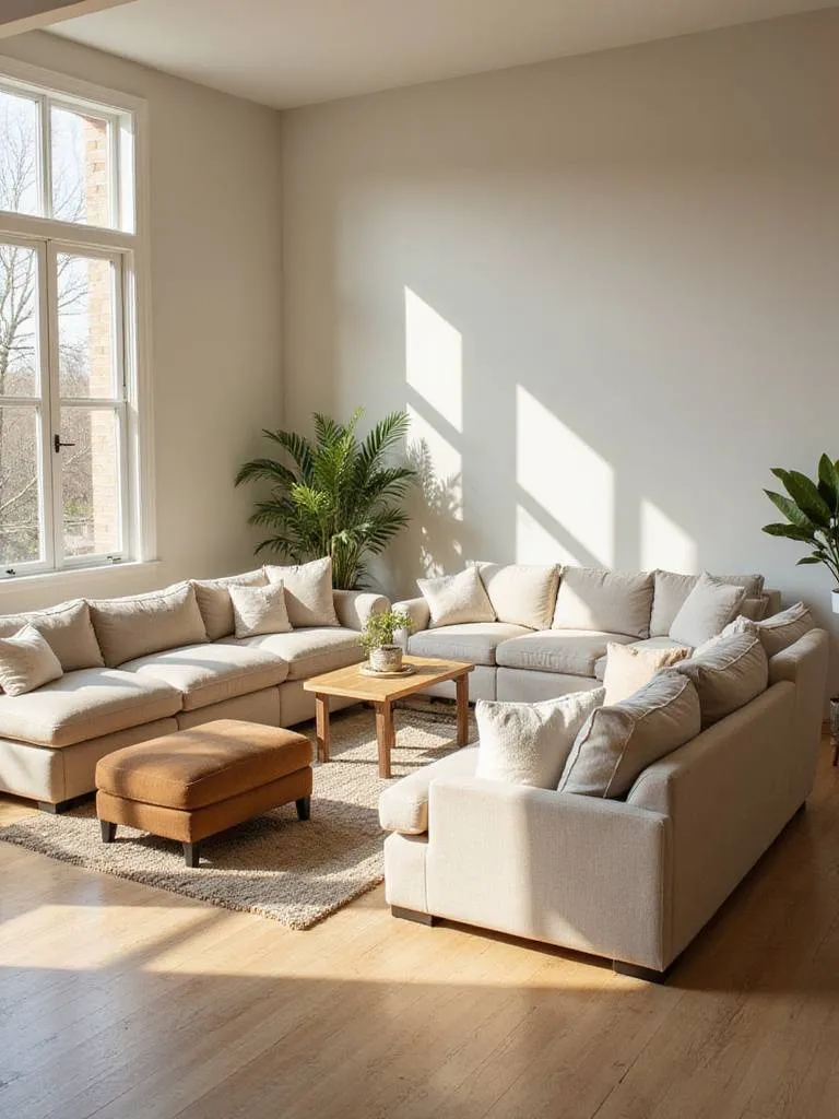 Comparison view of a living room showing a large L-shaped sectional sofa in one area and a standard three-seater sofa with accent chairs in another, illustrating different seating arrangements and space utilization.