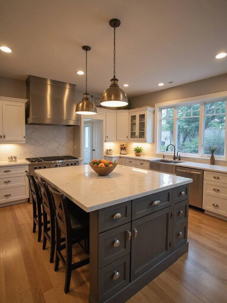 Modern kitchen with coordinated lighting fixtures enhancing the design aesthetic