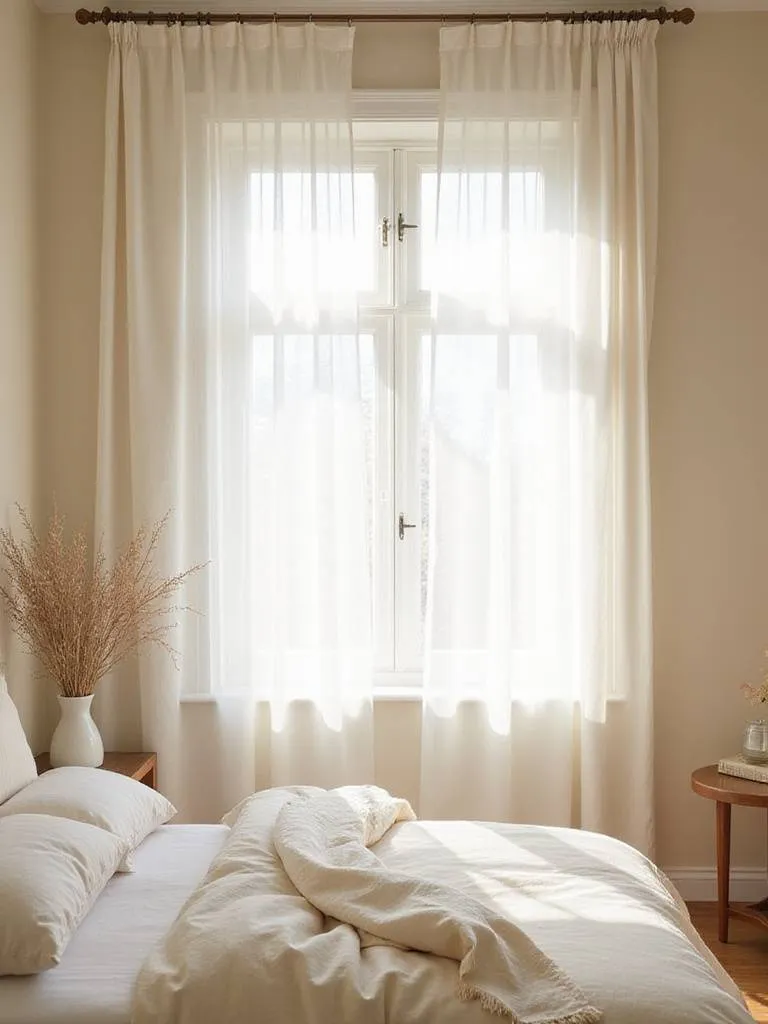 Beige bedroom with sheer white curtains enhancing natural light, creating a serene and bright atmosphere.