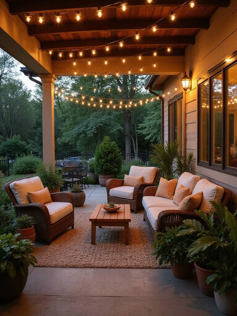 Comfortable and durable outdoor furniture arranged on a beautifully decorated back porch.