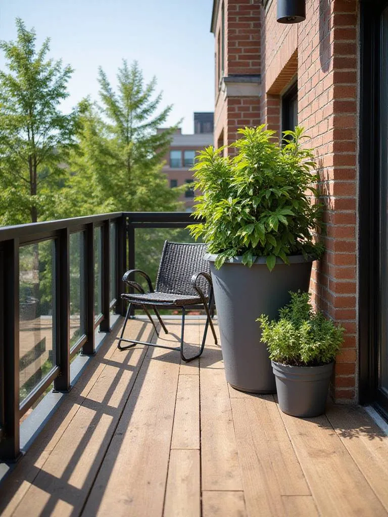 A small urban balcony featuring durable, weather-resistant materials, including composite wood deck tiles, a black aluminum railing, and a gray fiberglass planter.
