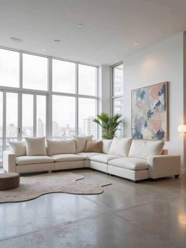 Modern living room with versatile grey modular sofa arranged in a flexible configuration.