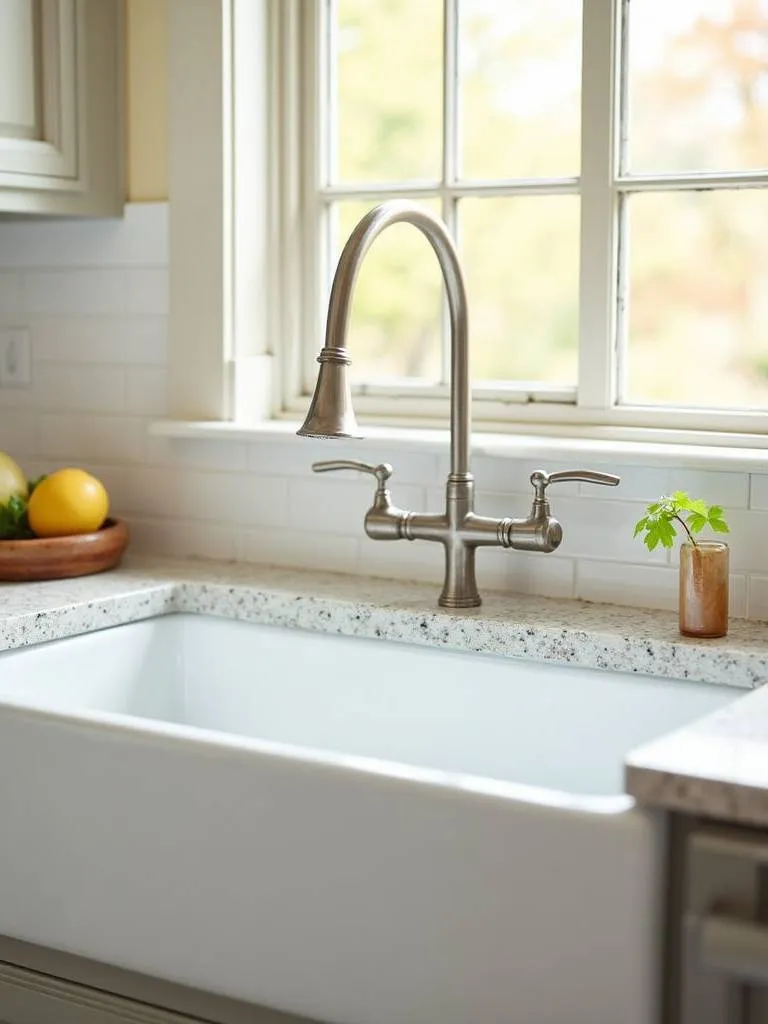 A farmhouse kitchen sink with a brushed nickel bridge faucet over a white apron-front sink and light granite countertop.
