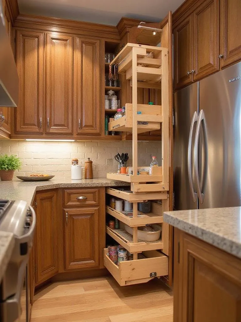 Organized kitchen with smart storage solutions including pull-out shelves and vertical organizers.