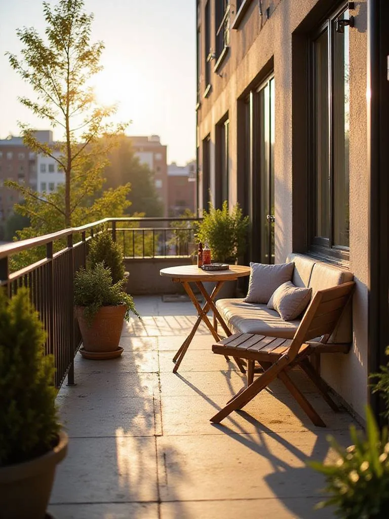 Small urban balcony with smart space-saving furniture, including a folding table and chairs, surrounded by potted plants.