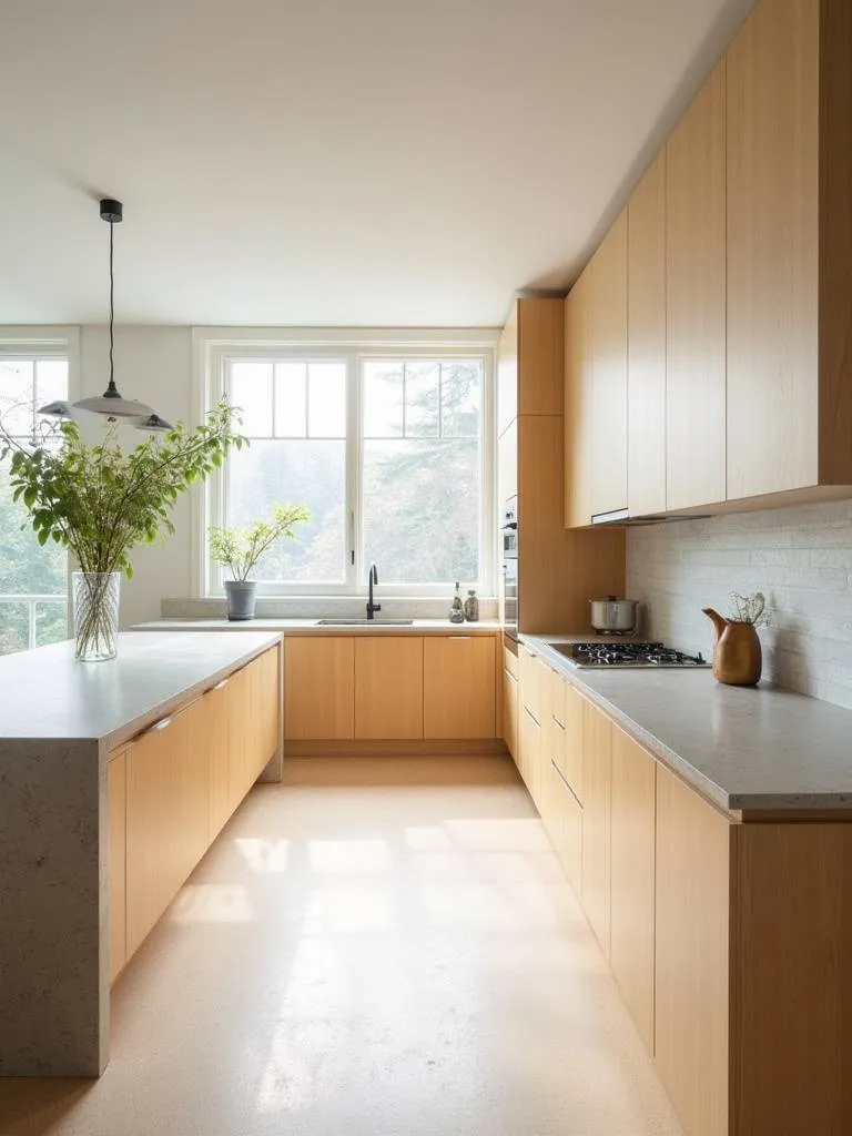 Contemporary kitchen with sustainable bamboo cabinetry and recycled glass countertops.