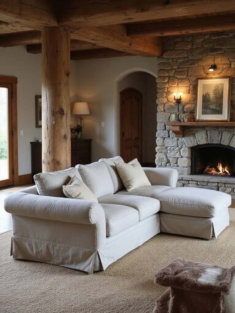 Cozy rustic living room with a linen upholstered sofa and natural decor