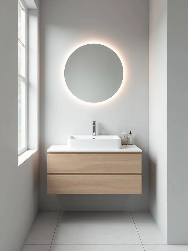 Small bathroom with light wood floating vanity creating an open and airy feel.