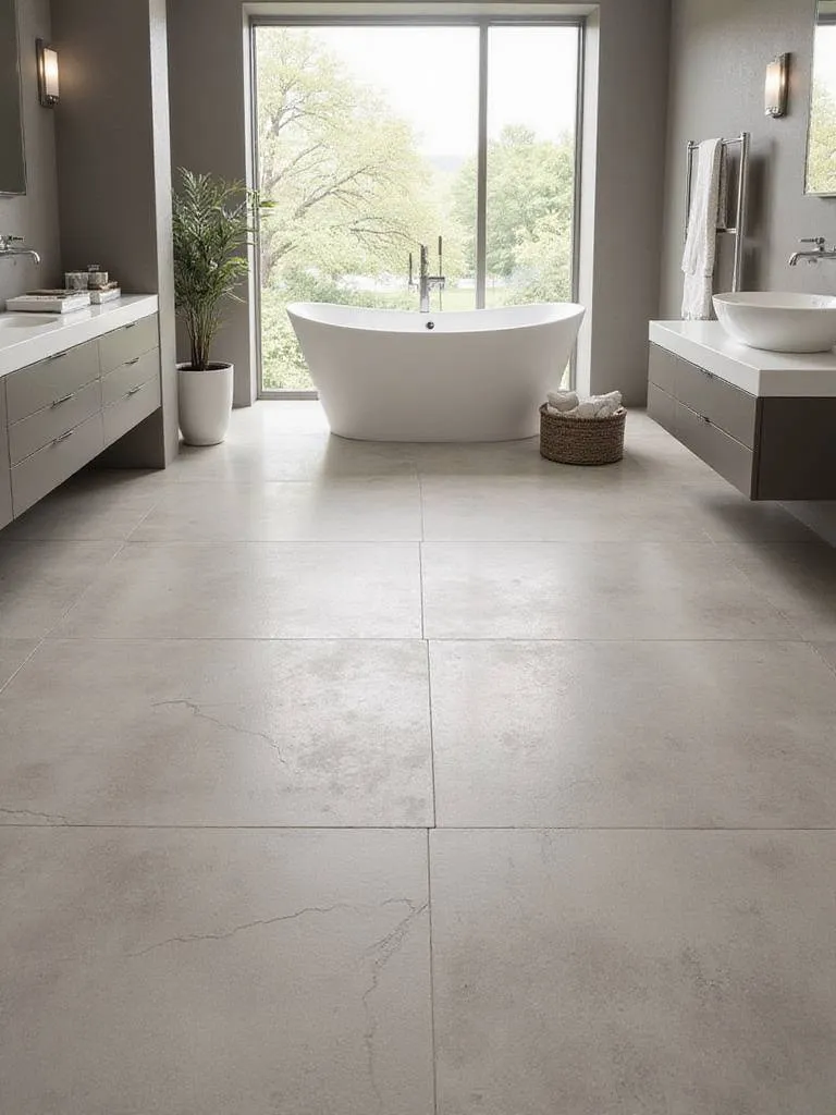Modern bathroom interior showcasing durable, large format tile flooring in a neutral tone, with a freestanding bathtub and floating vanity.