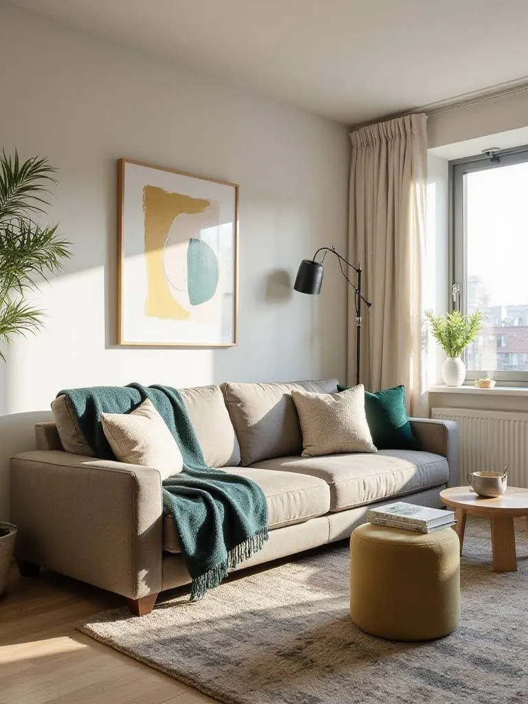 Cozy apartment living room showcasing a cohesive color palette of neutral beige, off-white, muted blue, and forest green accents.