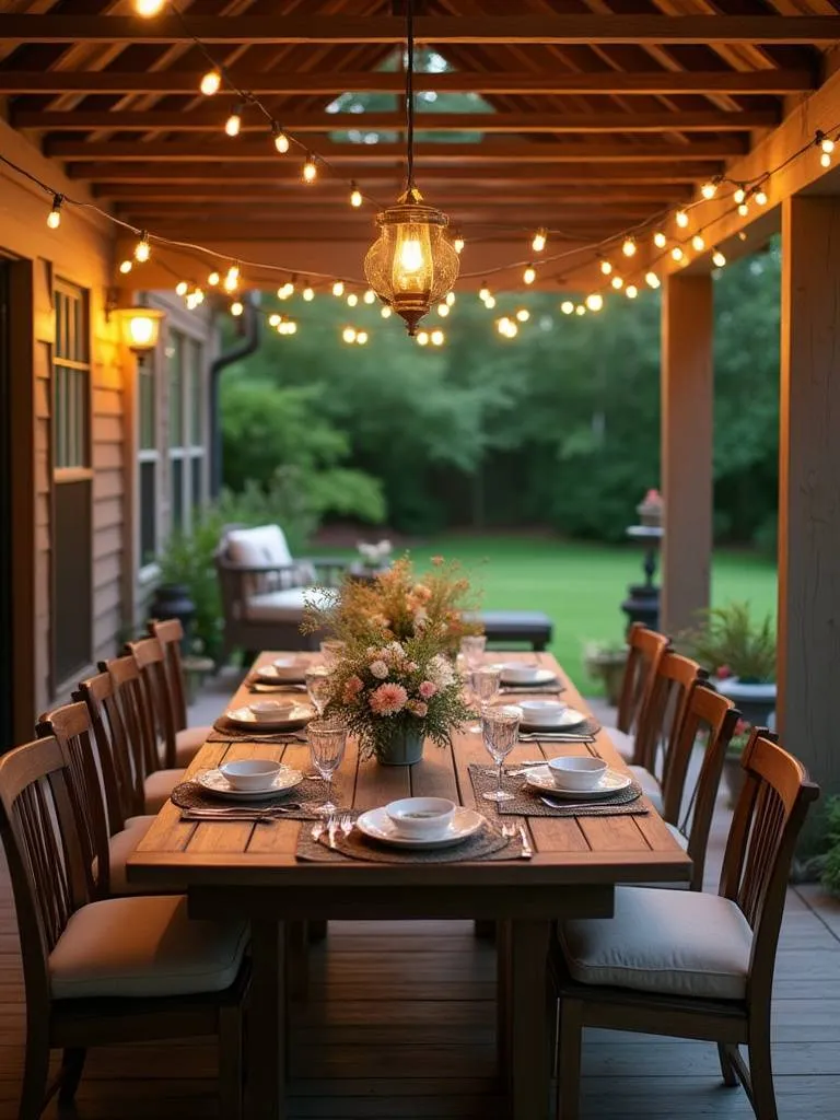 Back porch with outdoor dining area featuring dark wood furniture, string lights, and a lush garden backdrop.