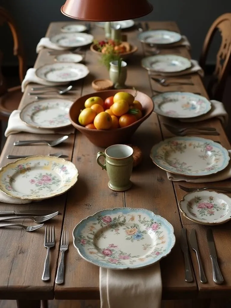 Rustic dining room table setting with mismatched china, silverware, and linen napkins.