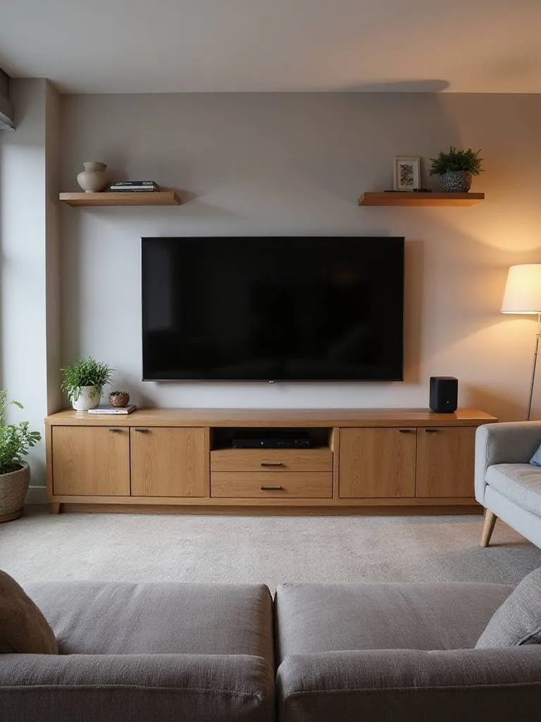 Modern apartment living room with wall-mounted TV, sleek media console with hidden storage, floating shelves, and comfortable seating, demonstrating an effective and stylish entertainment setup.