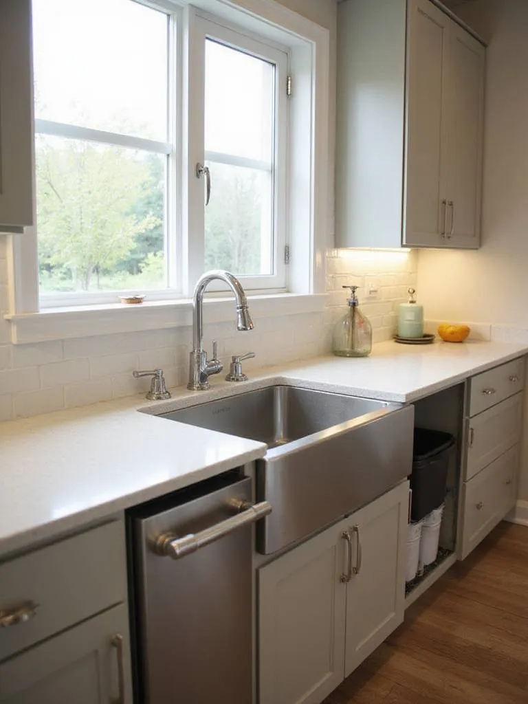 Image illustrating an effective kitchen cleaning zone layout, featuring a large sink under a window, an adjacent dishwasher, and integrated pull-out trash and recycling bins within streamlined cabinetry.