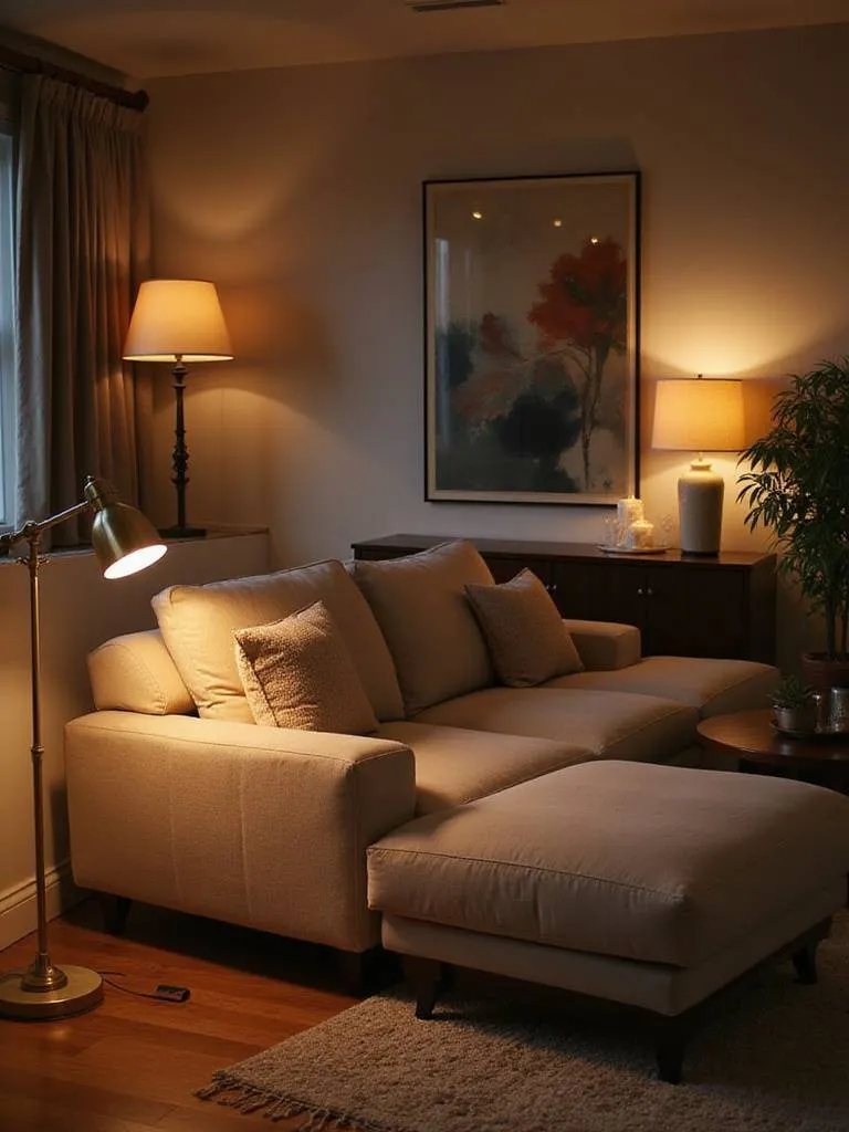A cozy living room featuring a large sectional couch illuminated by warm, layered lighting from a floor lamp, table lamp, and accent lights, creating a relaxed and inviting atmosphere.