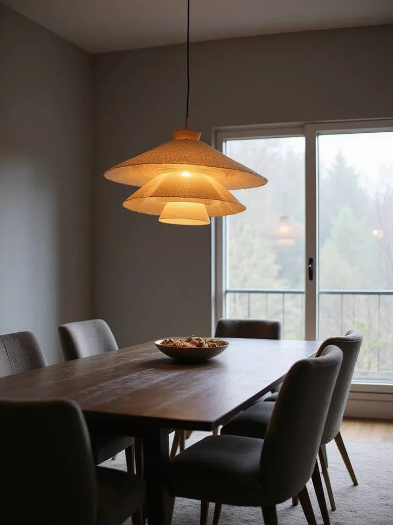 Dining room with statement pendant light illuminating a dark wood table and upholstered chairs.