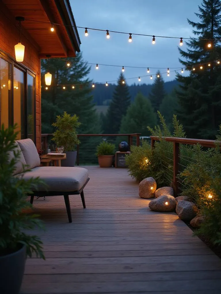 Outdoor deck with hidden rock speakers, ambient lighting, and comfortable furniture.