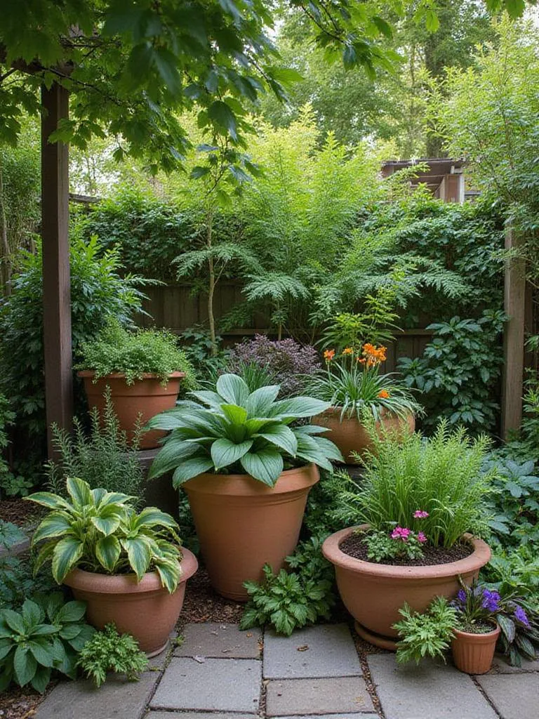A lush container garden thrives in a shady patio corner, featuring diverse pots filled with shade-tolerant plants like colorful Hostas, ferns, Coleus, and Impatiens under dappled light.
