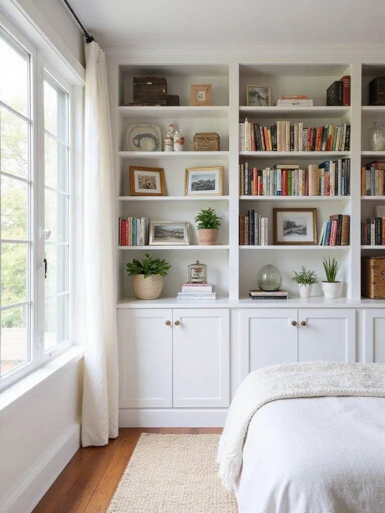 Bedroom shelves displaying books and decor items with flair