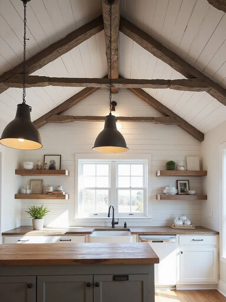 Farmhouse kitchen with white shiplap ceiling and dark, rustic faux exposed beams over a kitchen island.