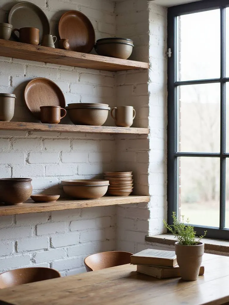 Rustic dining room with open shelving displaying stoneware and wooden dishware.
