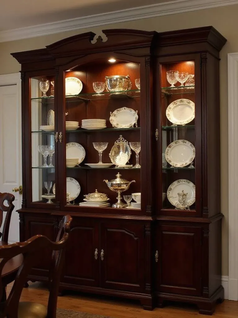 Elegant dining room featuring a china cabinet filled with fine china and glassware.