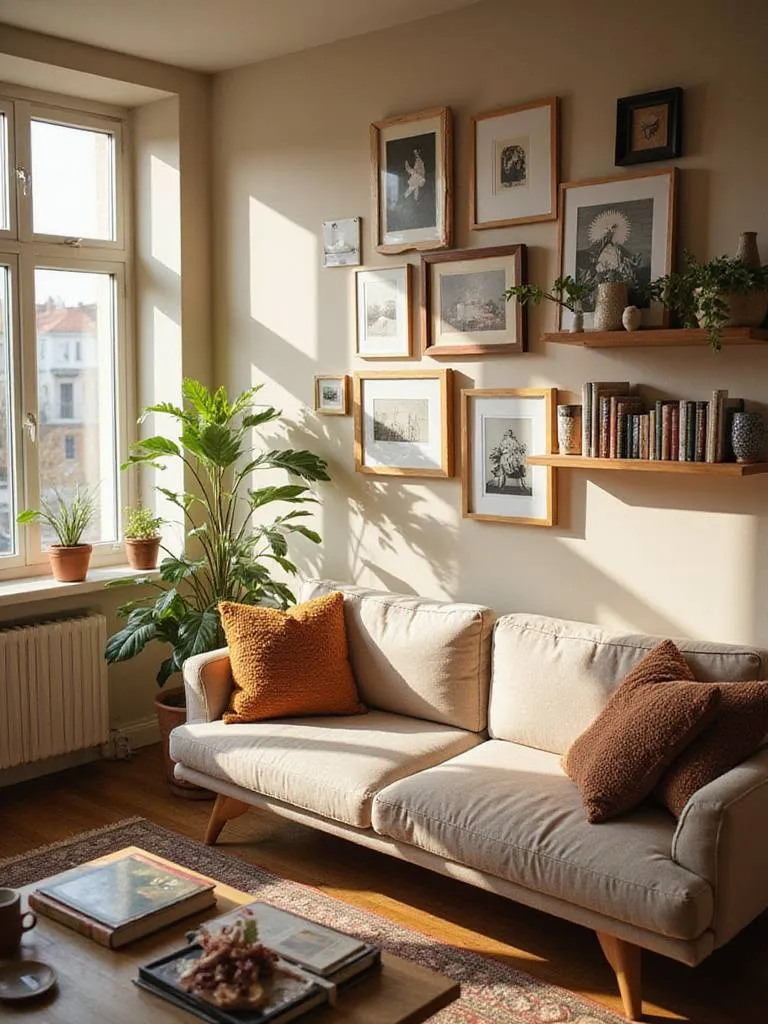 A cozy apartment living room featuring a gallery wall with personal photos and art, open shelves displaying curated books and decor, and a coffee table with personal touches, creating a warm, inviting atmosphere.