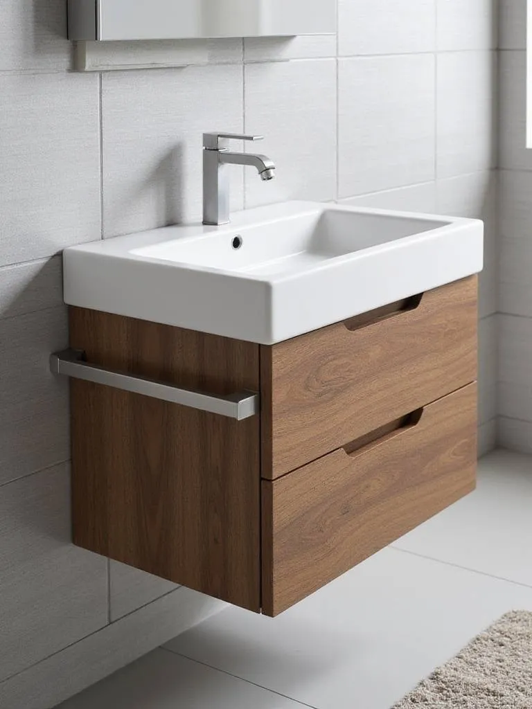 Bathroom vanity with integrated storage drawers and towel bar.