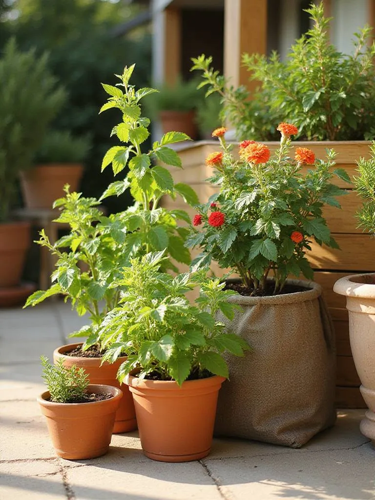 Variety of container gardens on a sunny patio, illustrating different pot sizes used for various plants, showing healthy growth and appropriate container selection.