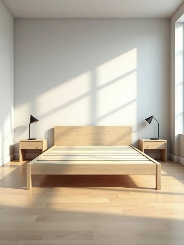 Queen size bed frame in a minimalist bedroom, illustrating proper bed size and room proportion