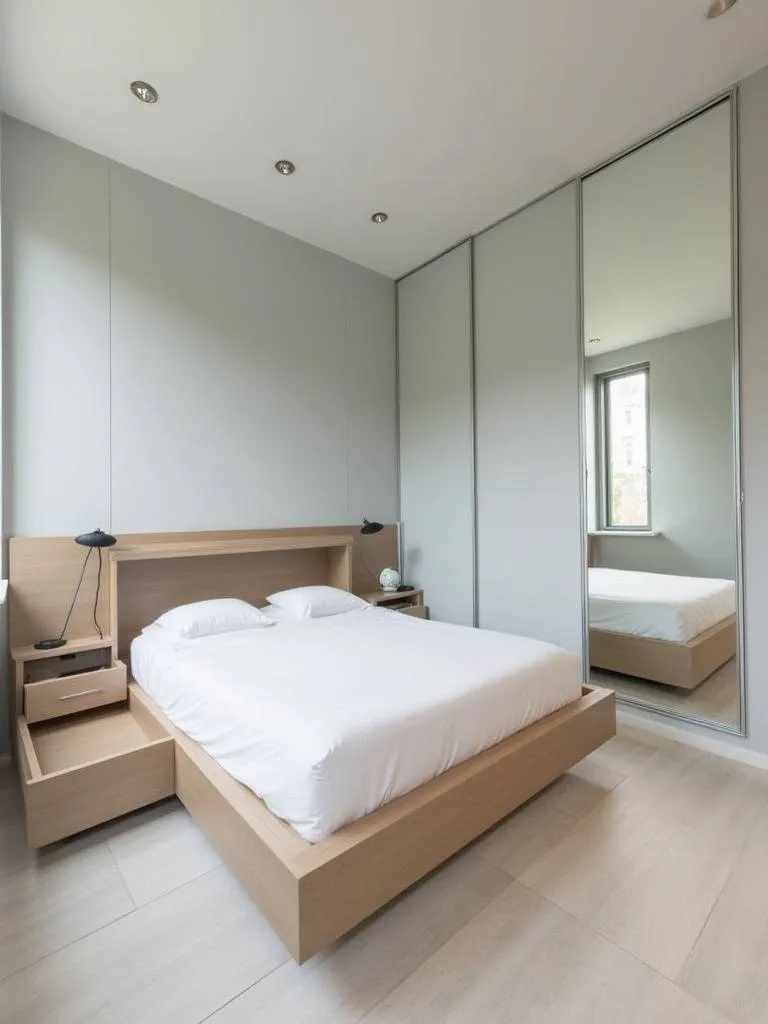 Small bedroom with space-saving furniture, including platform bed with storage and floating nightstand.