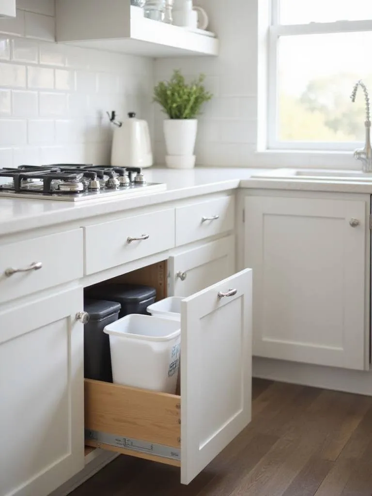 Kitchen base cabinet with a partially open pull-out drawer revealing integrated trash and recycling bins, located near a sink and countertop in a modern kitchen.