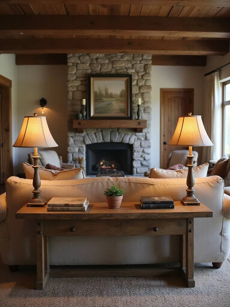Rustic living room with a narrow distressed wood console table placed behind a sofa, styled with lamps, books, and plants.