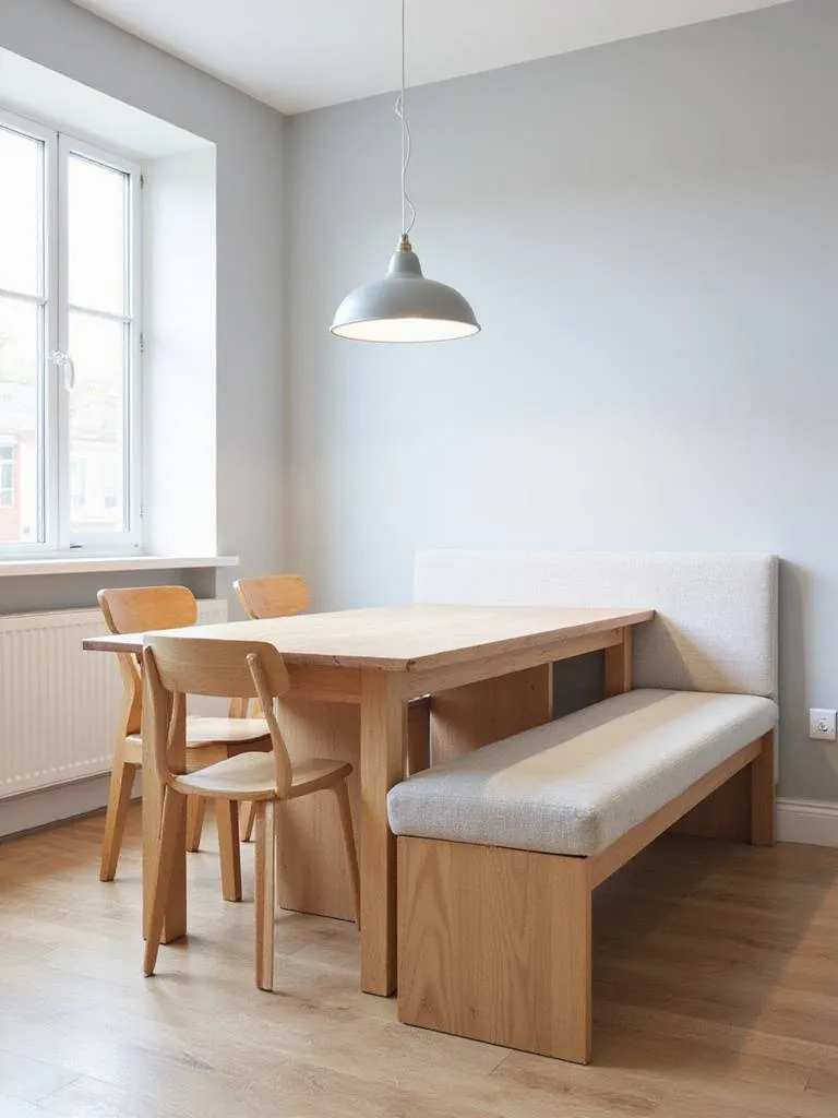 Space-saving bench seating in a modern dining room.