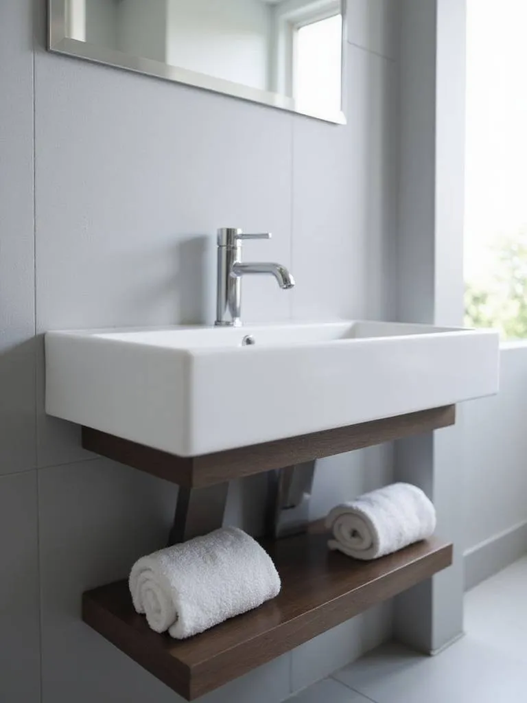 Modern bathroom with a space-saving white wall-mounted sink and dark wood floating shelf.