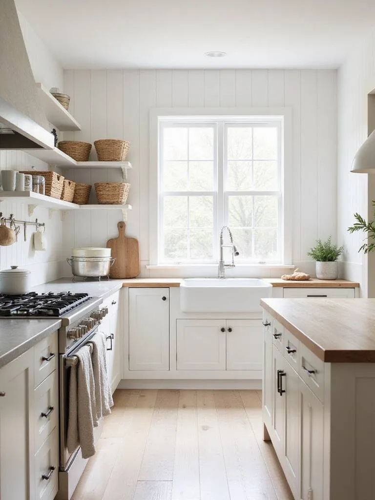 Farmhouse kitchen with white cabinets, gray countertops, and a wood island, showcasing a neutral color palette.