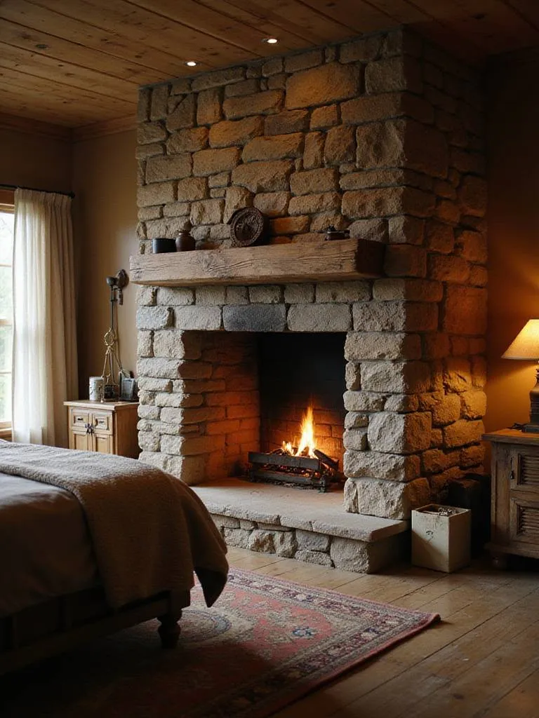Rustic bedroom featuring a stone fireplace with a wood mantel, creating a warm and cozy atmosphere.