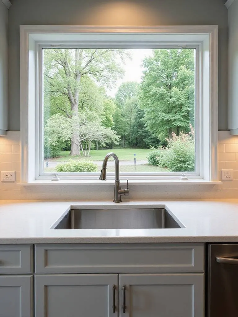 Modern kitchen featuring a large stainless steel sink strategically placed under a wide window with a garden view, illustrating ideal kitchen sink placement and workflow.