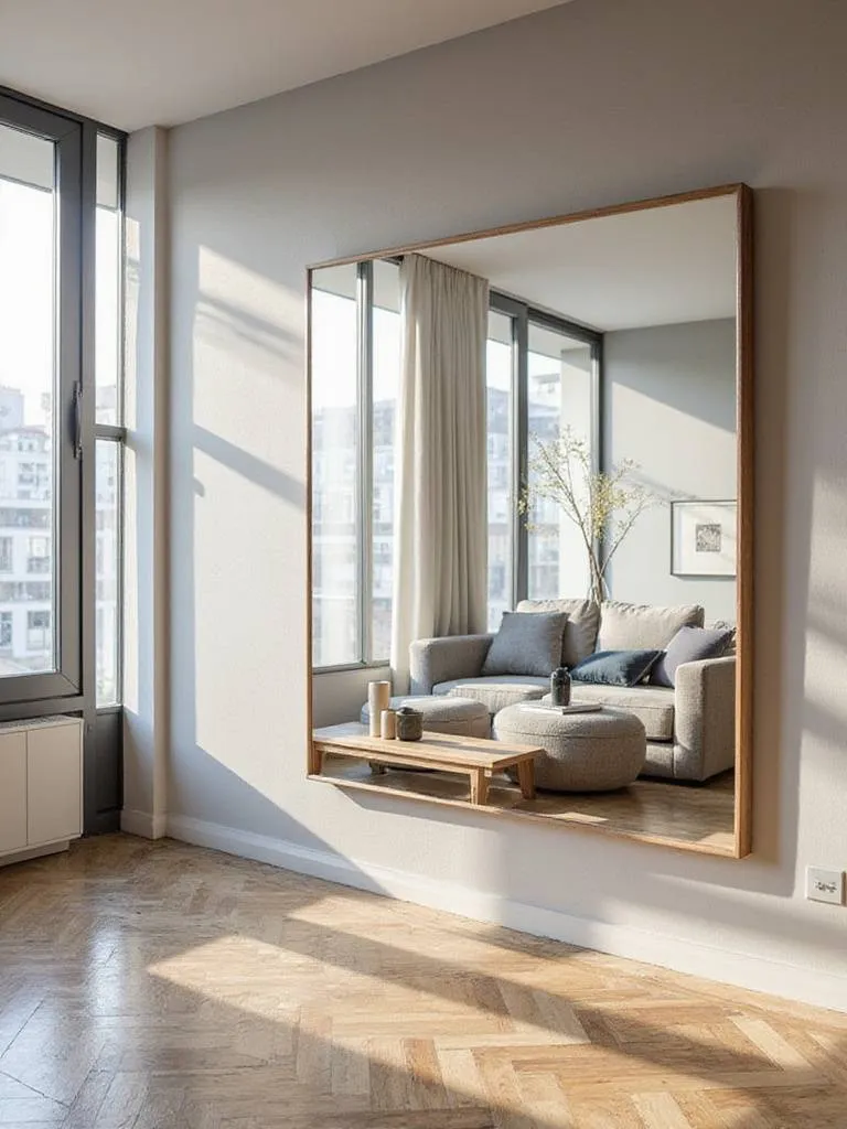 An apartment living room with a large mirror strategically placed opposite a window, reflecting natural light and the room to make the space appear larger and brighter.